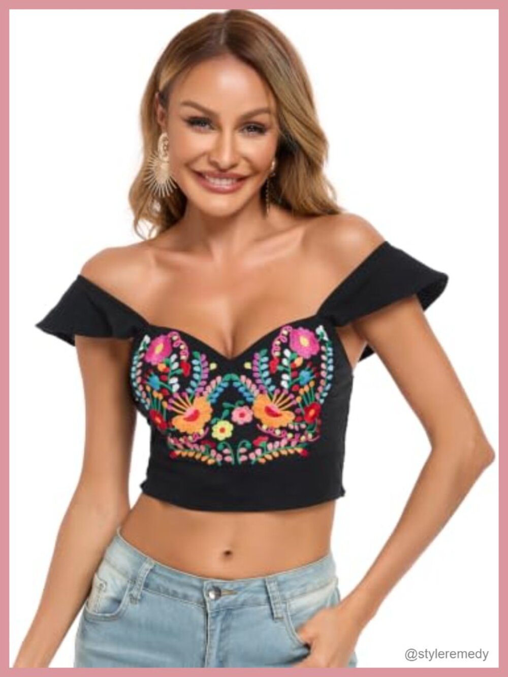 Womens Embroidered Boho Floral Crop Tank Sleeveless Sweetheart Top